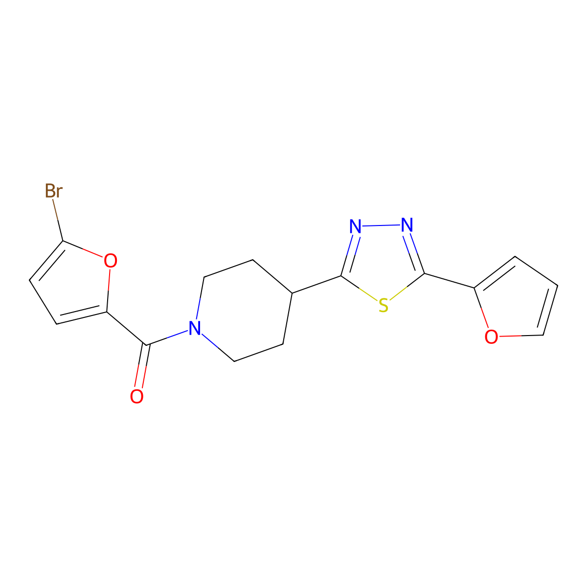 (5-Bromofuran-2-yl)(4-(5-(furan-2-yl)-1,3,4-thiadiazol-2-yl)piperidin-1-yl)methanone molecular structure, CAS 1351587-01-3