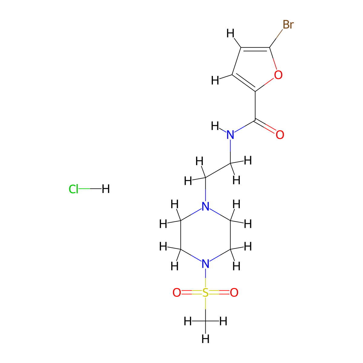 5-bromo-N-(2-(4-(methylsulfonyl)piperazin-1-yl)ethyl)furan-2-carboxamide hydrochloride molecular structure, CAS 1351587-05-7