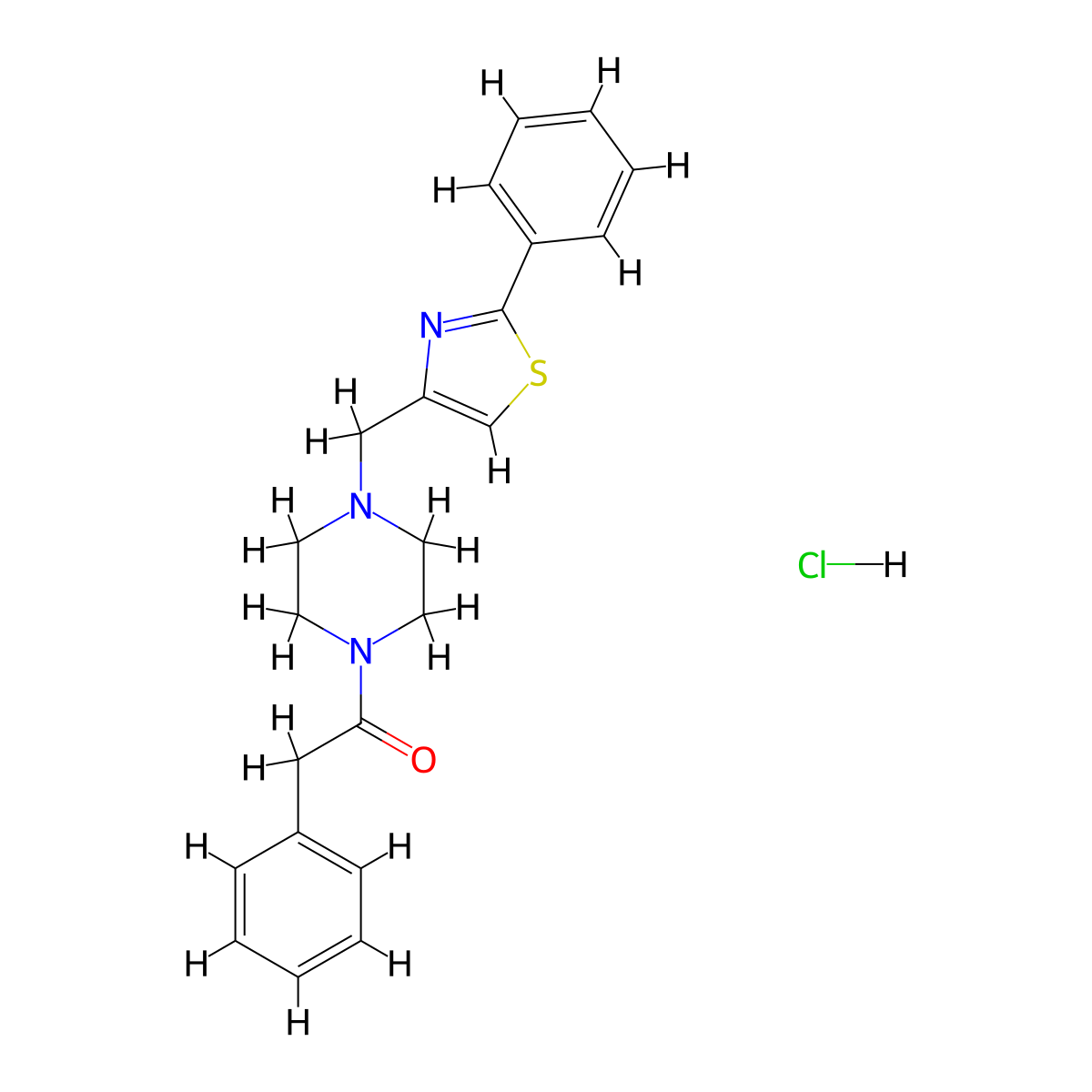 2-Phenyl-1-(4-((2-phenylthiazol-4-yl)methyl)piperazin-1-yl)ethanone hydrochloride molecular structure, CAS 1351587-55-7