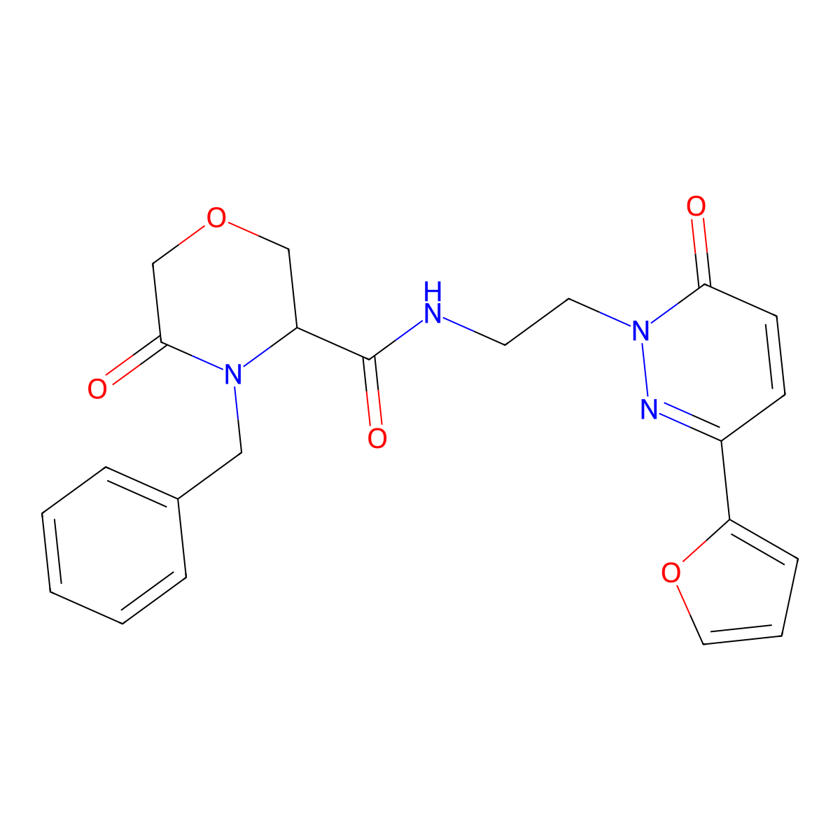 4-benzyl-N-(2-(3-(furan-2-yl)-6-oxopyridazin-1(6H)-yl)ethyl)-5-oxomorpholine-3-carboxamide molecular structure, CAS 1351587-57-9