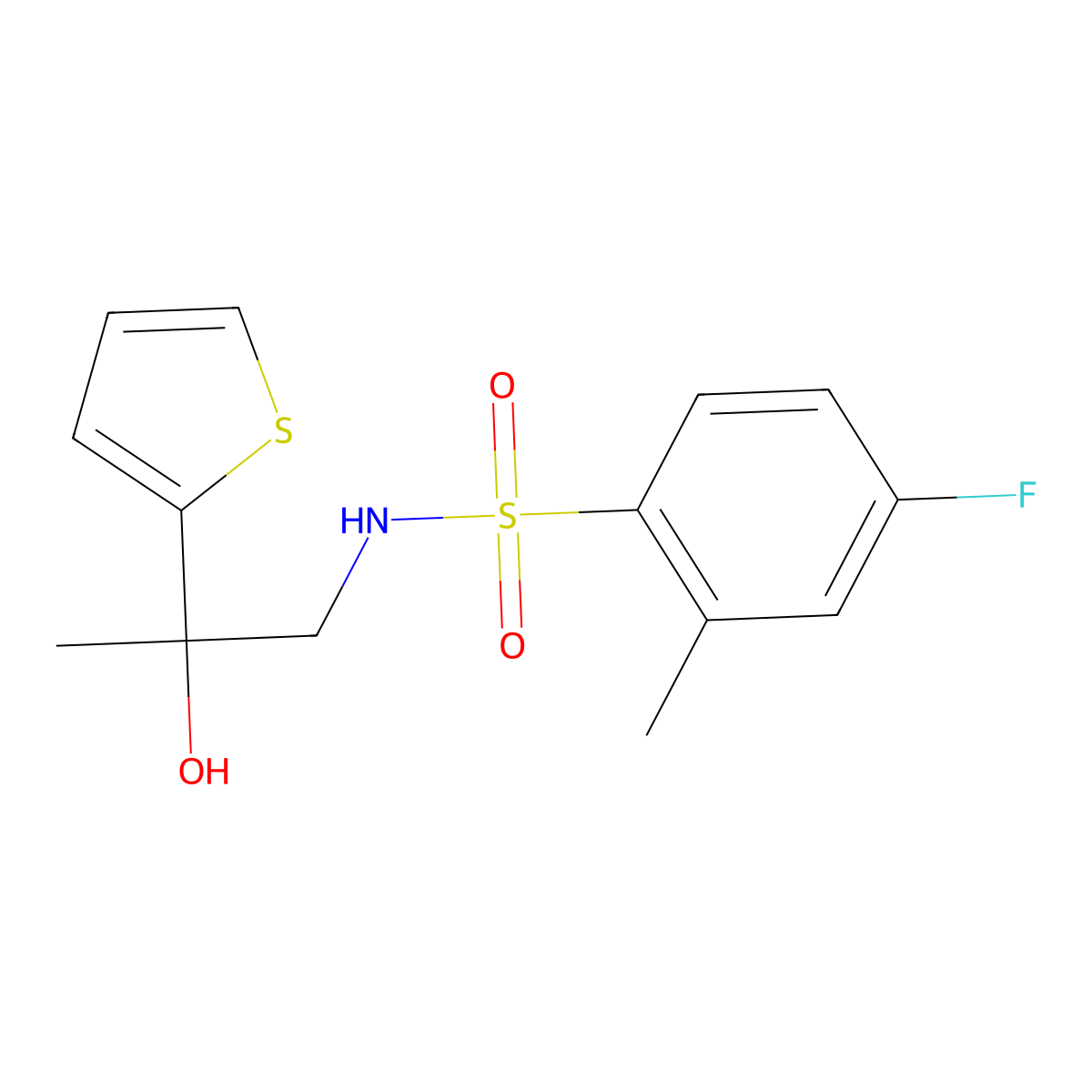 4-fluoro-N-(2-hydroxy-2-(thiophen-2-yl)propyl)-2-methylbenzenesulfonamide molecular structure, CAS 1351587-67-1