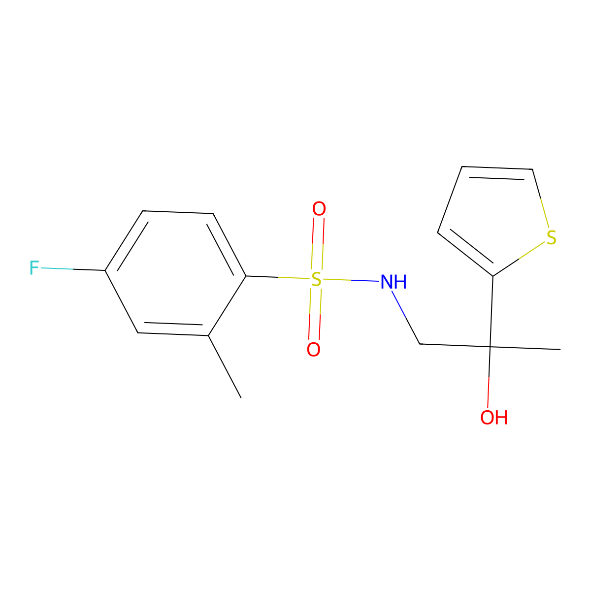 4-fluoro-N-(2-hydroxy-2-(thiophen-2-yl)propyl)-2-methylbenzenesulfonamide molecular structure, CAS 1351587-67-1