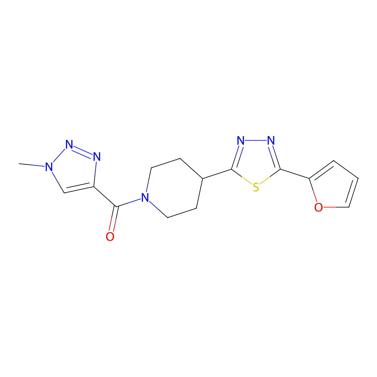 (4-(5-(furan-2-yl)-1,3,4-thiadiazol-2-yl)piperidin-1-yl)(1-methyl-1H-1,2,3-triazol-4-yl)methanone molecular structure, CAS 1351587-79-5