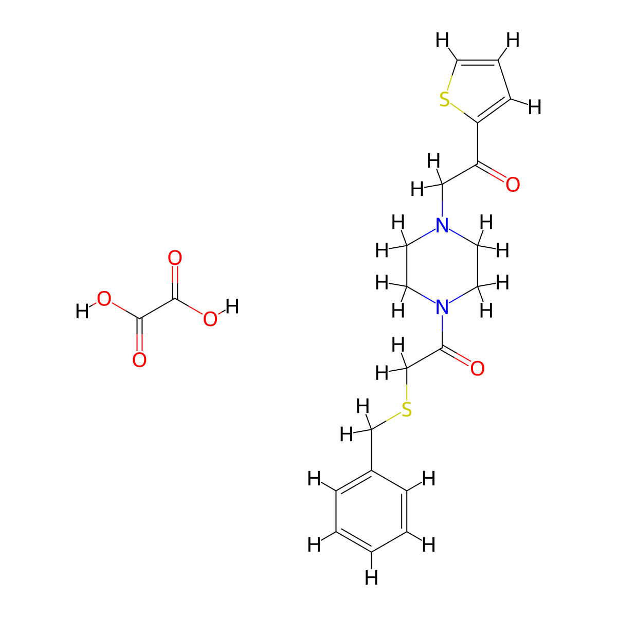2-(Benzylthio)-1-(4-(2-oxo-2-(thiophen-2-yl)ethyl)piperazin-1-yl)ethanone oxalate molecular structure, CAS 1351588-01-6
