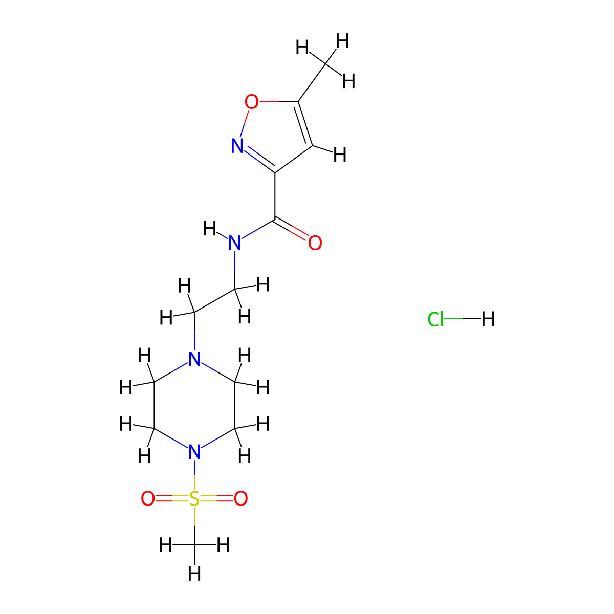 5-methyl-N-(2-(4-(methylsulfonyl)piperazin-1-yl)ethyl)isoxazole-3-carboxamide hydrochloride molecular structure, CAS 1351588-16-3