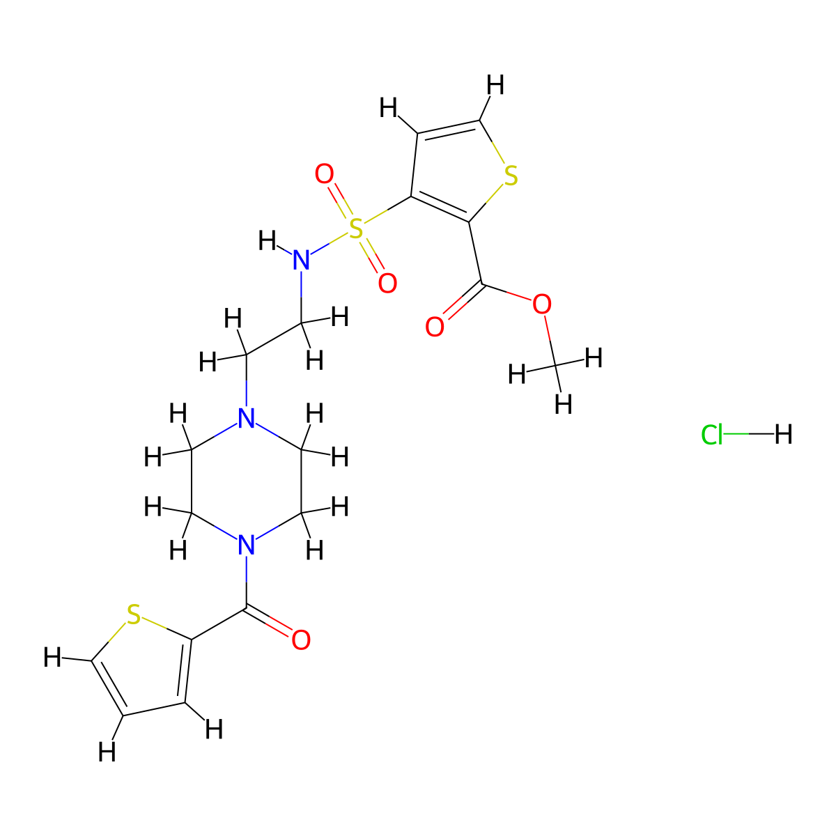 methyl 3-(N-(2-(4-(thiophene-2-carbonyl)piperazin-1-yl)ethyl)sulfamoyl)thiophene-2-carboxylate hydrochloride molecular structure, CAS 1351588-23-2