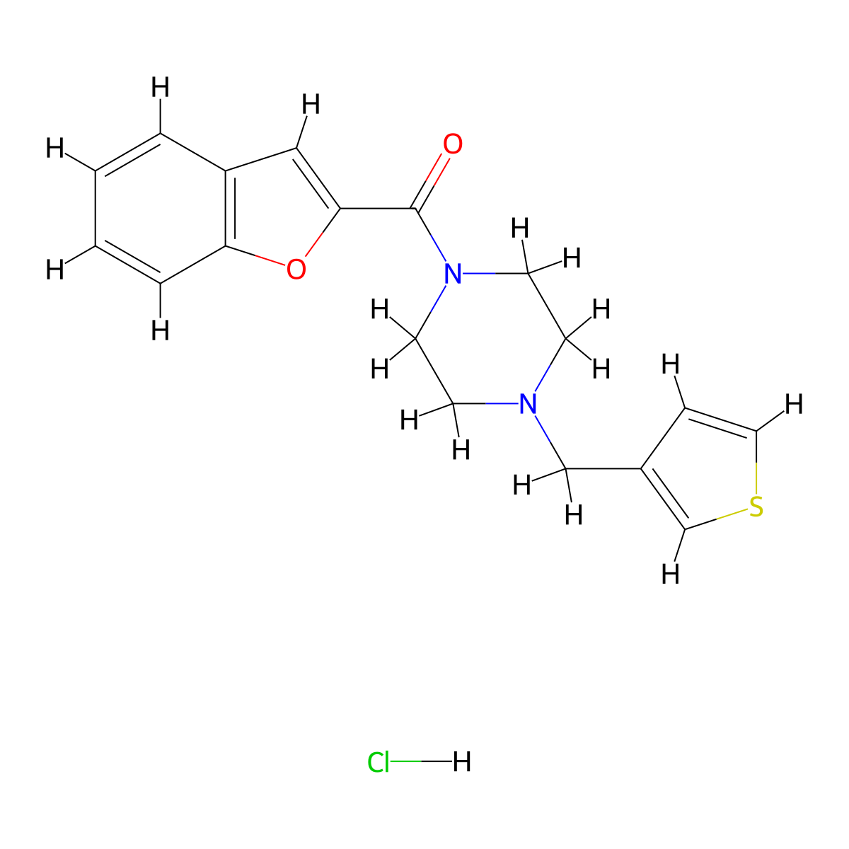 Benzofuran-2-yl(4-(thiophen-3-ylmethyl)piperazin-1-yl)methanone hydrochloride molecular structure, CAS 1351588-29-8