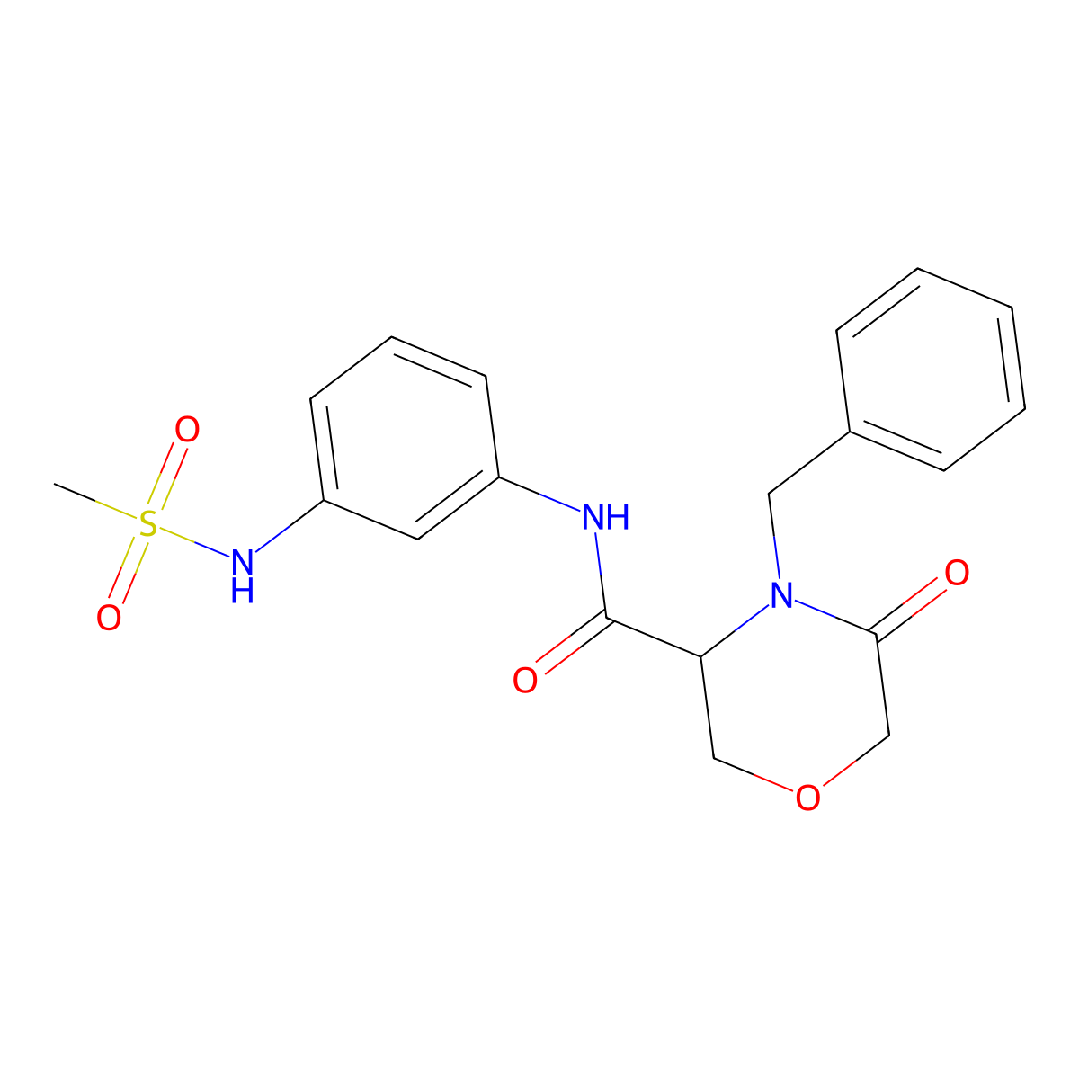 4-benzyl-N-(3-(methylsulfonamido)phenyl)-5-oxomorpholine-3-carboxamide molecular structure, CAS 1351588-32-3