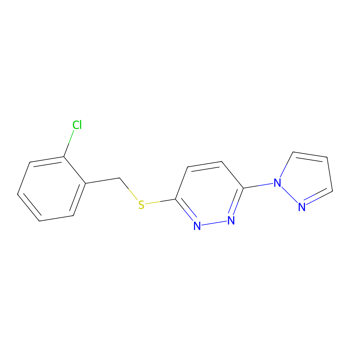 3-((2-chlorobenzyl)thio)-6-(1H-pyrazol-1-yl)pyridazine molecular structure, CAS 1351588-69-6