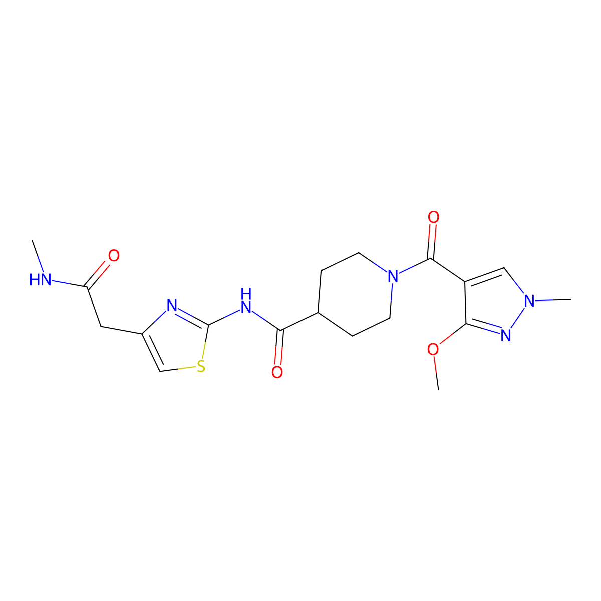 1-(3-methoxy-1-methyl-1H-pyrazole-4-carbonyl)-N-(4-(2-(methylamino)-2-oxoethyl)thiazol-2-yl)piperidine-4-carboxamide molecular structure, CAS 1351588-84-5