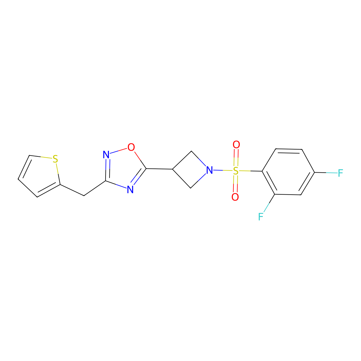 5-(1-((2,4-Difluorophenyl)sulfonyl)azetidin-3-yl)-3-(thiophen-2-ylmethyl)-1,2,4-oxadiazole molecular structure, CAS 1351588-85-6