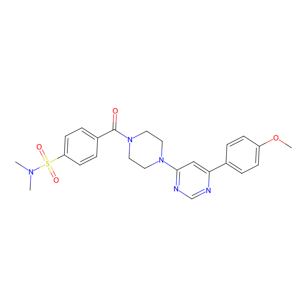 4-(4-(6-(4-methoxyphenyl)pyrimidin-4-yl)piperazine-1-carbonyl)-N,N-dimethylbenzenesulfonamide molecular structure, CAS 1351589-21-3