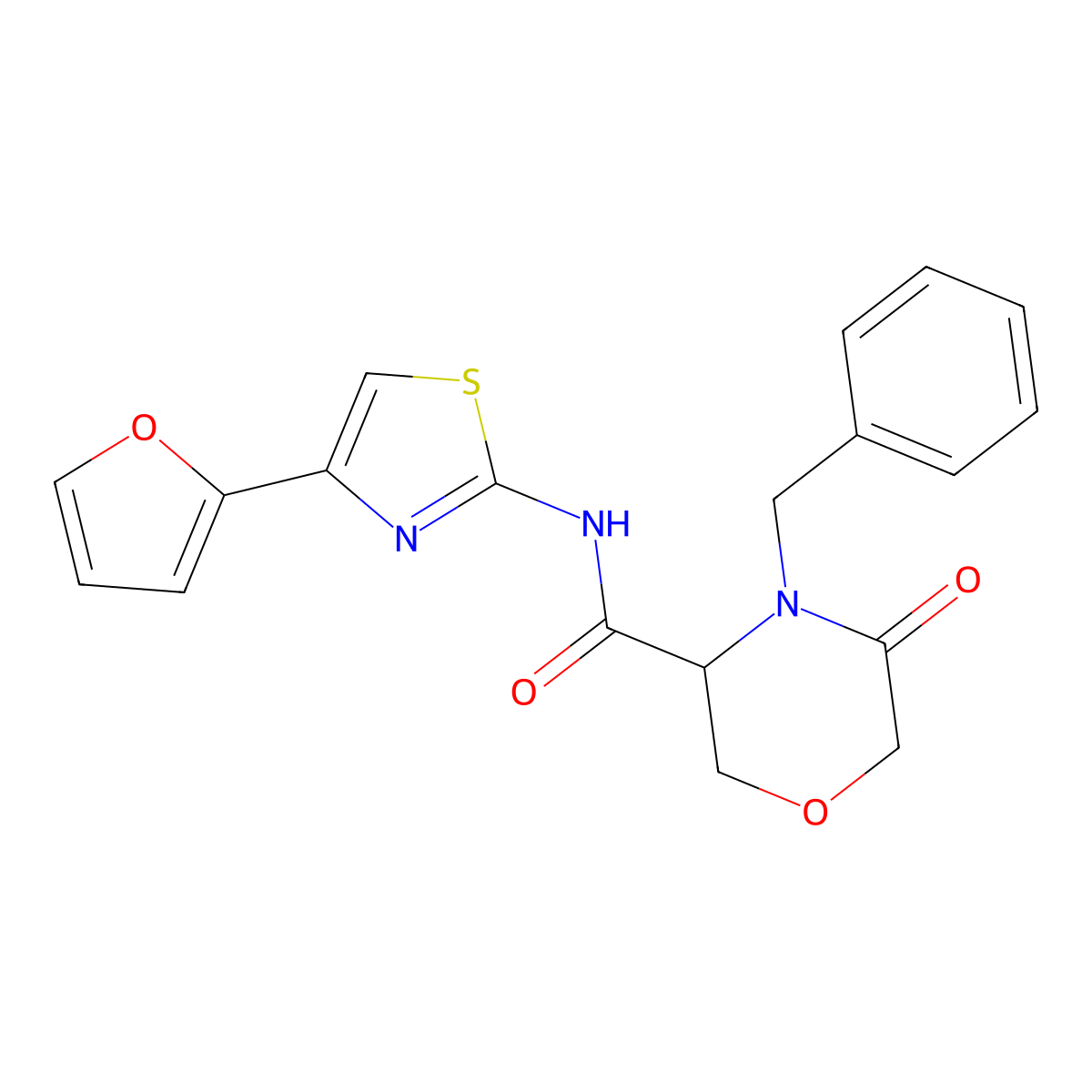4-benzyl-N-(4-(furan-2-yl)thiazol-2-yl)-5-oxomorpholine-3-carboxamide molecular structure, CAS 1351589-41-7