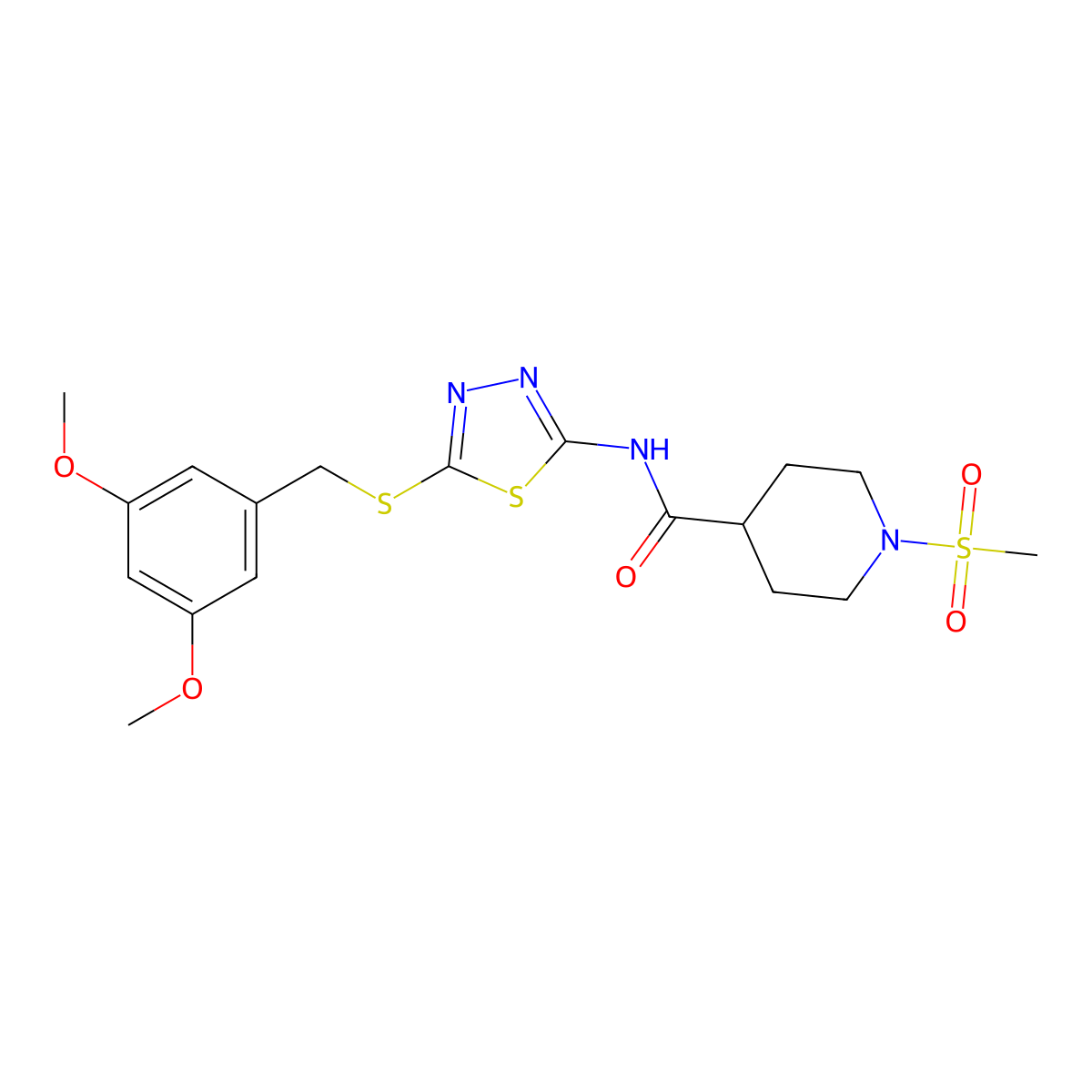N-(5-((3,5-dimethoxybenzyl)thio)-1,3,4-thiadiazol-2-yl)-1-(methylsulfonyl)piperidine-4-carboxamide molecular structure, CAS 1351589-45-1