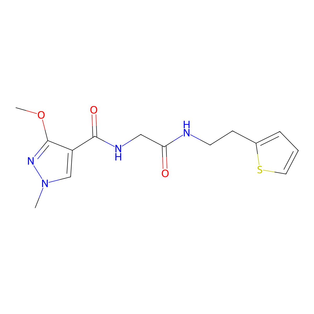 3-methoxy-1-methyl-N-(2-oxo-2-((2-(thiophen-2-yl)ethyl)amino)ethyl)-1H-pyrazole-4-carboxamide molecular structure, CAS 1351589-51-9