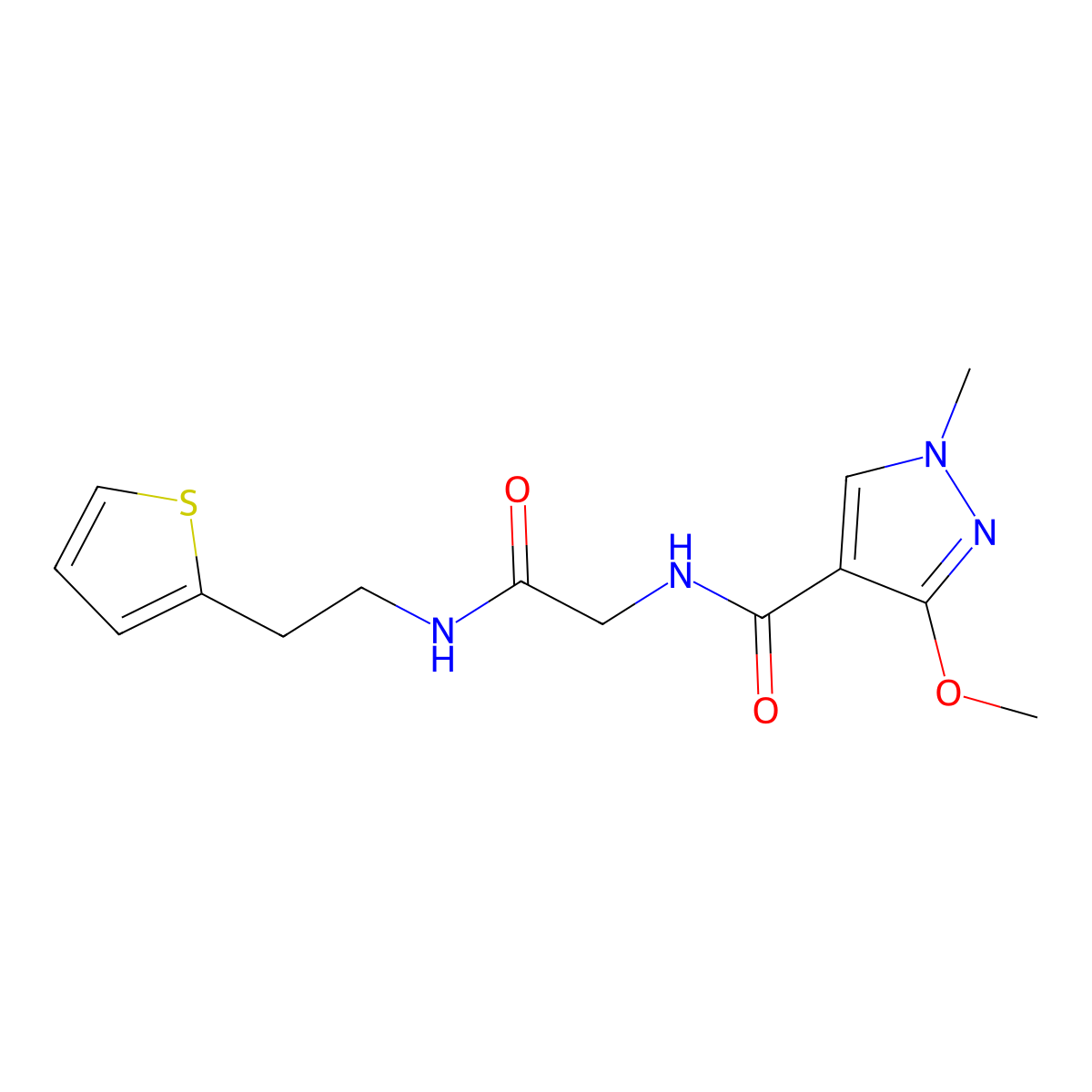 3-methoxy-1-methyl-N-(2-oxo-2-((2-(thiophen-2-yl)ethyl)amino)ethyl)-1H-pyrazole-4-carboxamide molecular structure, CAS 1351589-51-9
