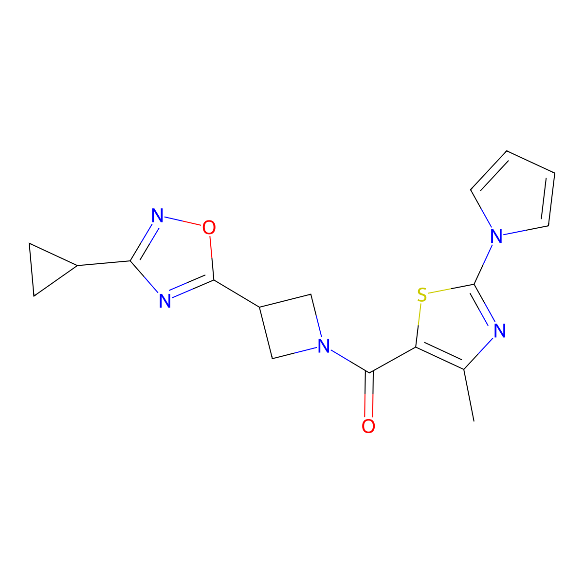 (3-(3-cyclopropyl-1,2,4-oxadiazol-5-yl)azetidin-1-yl)(4-methyl-2-(1H-pyrrol-1-yl)thiazol-5-yl)methanone molecular structure, CAS 1351589-59-7