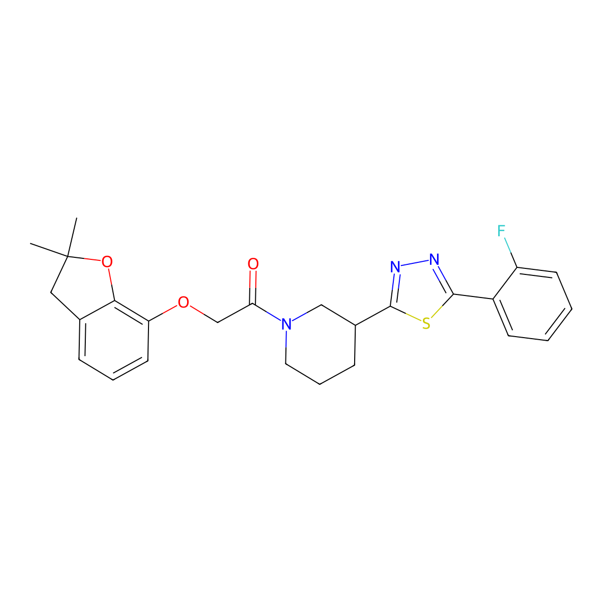 2-((2,2-Dimethyl-2,3-dihydrobenzofuran-7-yl)oxy)-1-(3-(5-(2-fluorophenyl)-1,3,4-thiadiazol-2-yl)piperidin-1-yl)ethanone molecular structure, CAS 1351589-63-3