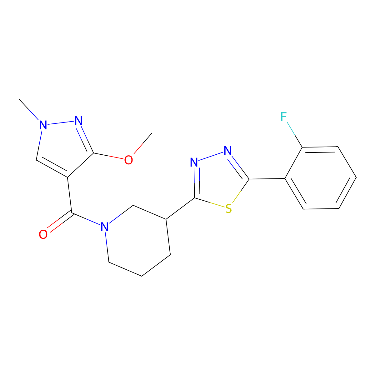 (3-(5-(2-fluorophenyl)-1,3,4-thiadiazol-2-yl)piperidin-1-yl)(3-methoxy-1-methyl-1H-pyrazol-4-yl)methanone molecular structure, CAS 1351590-04-9