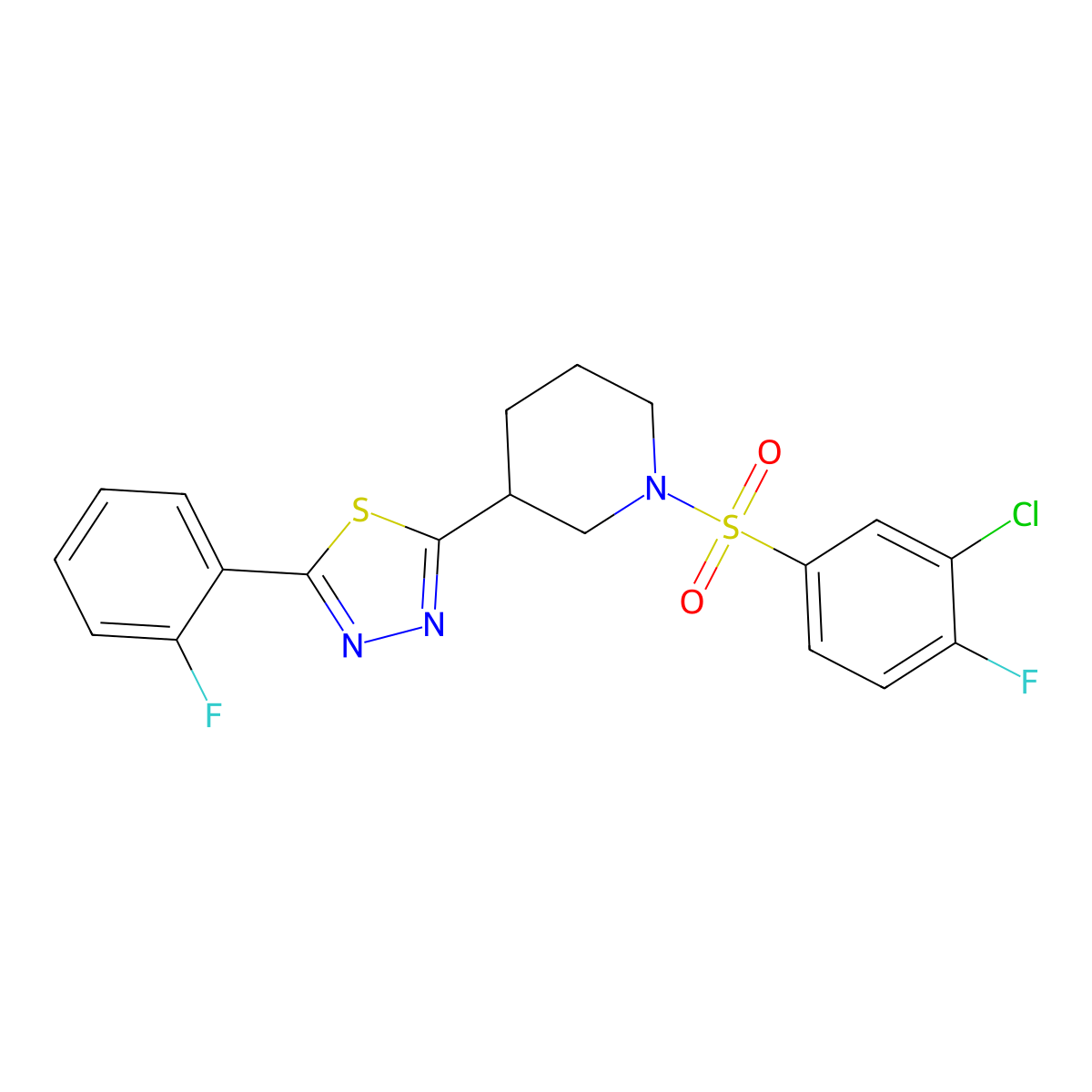 2-(1-((3-Chloro-4-fluorophenyl)sulfonyl)piperidin-3-yl)-5-(2-fluorophenyl)-1,3,4-thiadiazole molecular structure, CAS 1351590-05-0