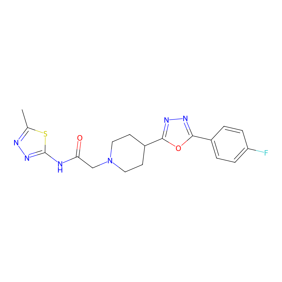 2-(4-(5-(4-fluorophenyl)-1,3,4-oxadiazol-2-yl)piperidin-1-yl)-N-(5-methyl-1,3,4-thiadiazol-2-yl)acetamide molecular structure, CAS 1351590-15-2