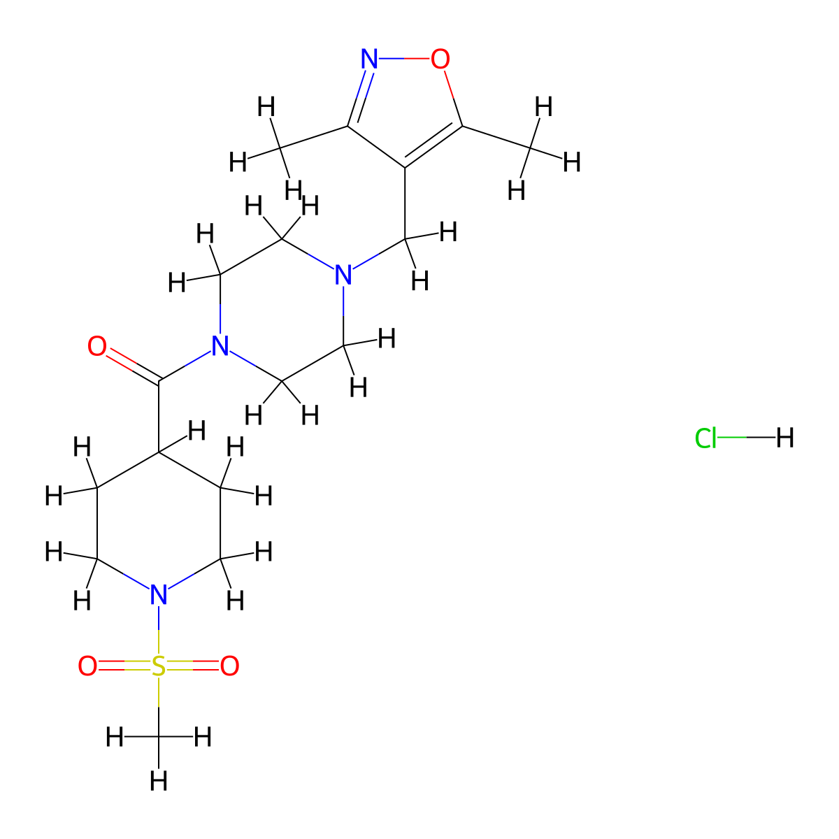 (4-((3,5-Dimethylisoxazol-4-yl)methyl)piperazin-1-yl)(1-(methylsulfonyl)piperidin-4-yl)methanone hydrochloride molecular structure, CAS 1351590-20-9