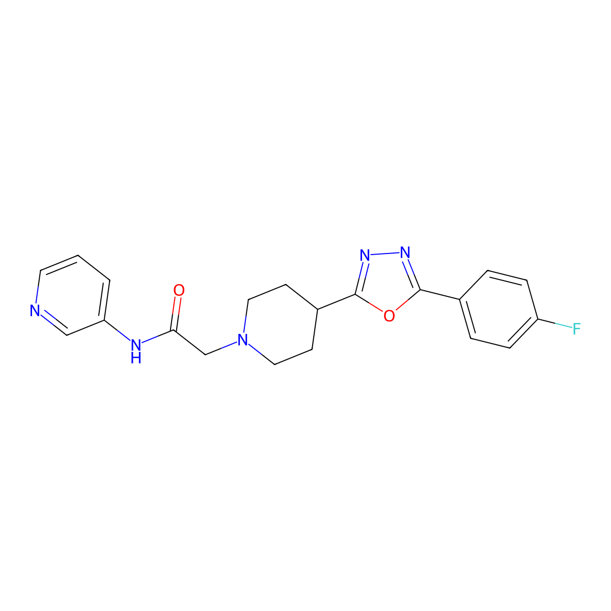 2-(4-(5-(4-fluorophenyl)-1,3,4-oxadiazol-2-yl)piperidin-1-yl)-N-(pyridin-3-yl)acetamide molecular structure, CAS 1351590-23-2