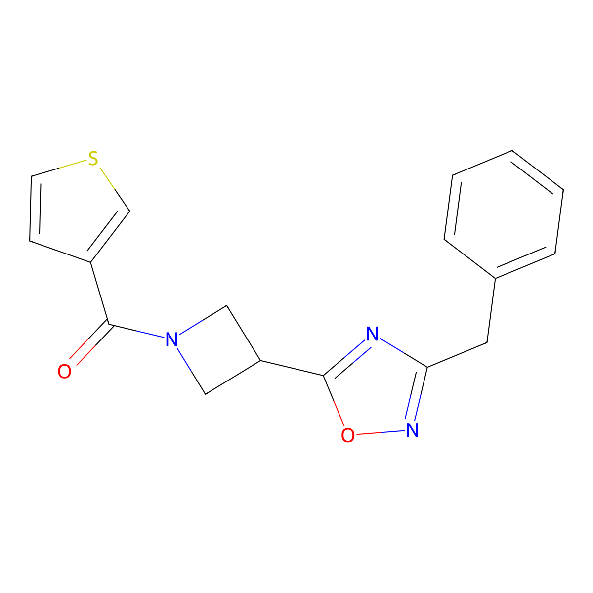 (3-(3-Benzyl-1,2,4-oxadiazol-5-yl)azetidin-1-yl)(thiophen-3-yl)methanone molecular structure, CAS 1351590-34-5