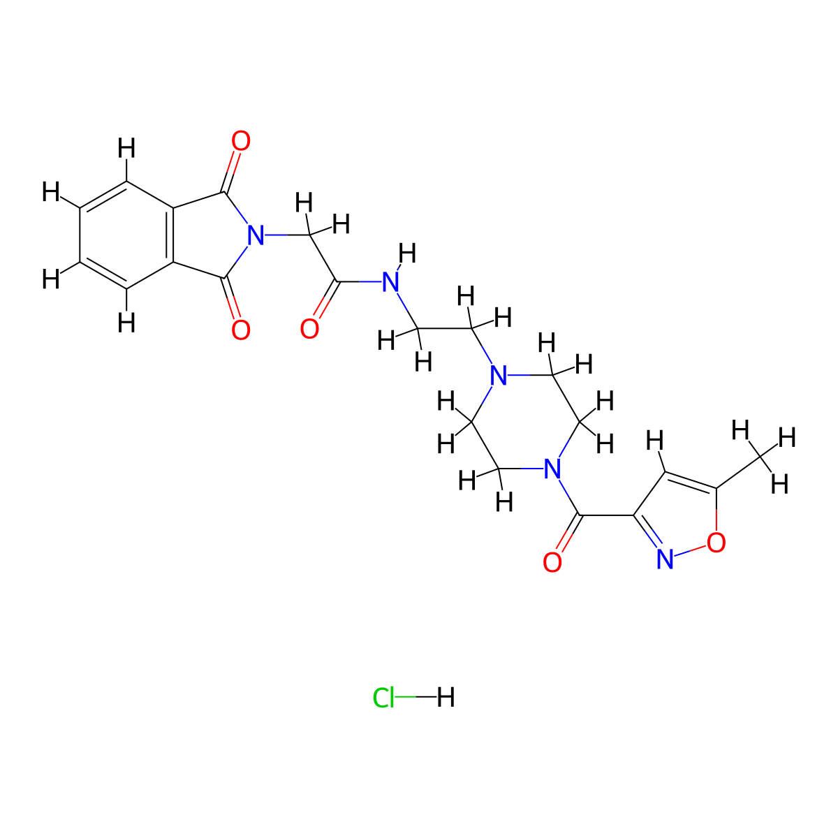 2-(1,3-dioxoisoindolin-2-yl)-N-(2-(4-(5-methylisoxazole-3-carbonyl)piperazin-1-yl)ethyl)acetamide hydrochloride molecular structure, CAS 1351590-41-4