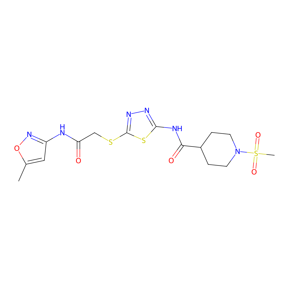 N-(5-((2-((5-methylisoxazol-3-yl)amino)-2-oxoethyl)thio)-1,3,4-thiadiazol-2-yl)-1-(methylsulfonyl)piperidine-4-carboxamide molecular structure, CAS 1351590-56-1