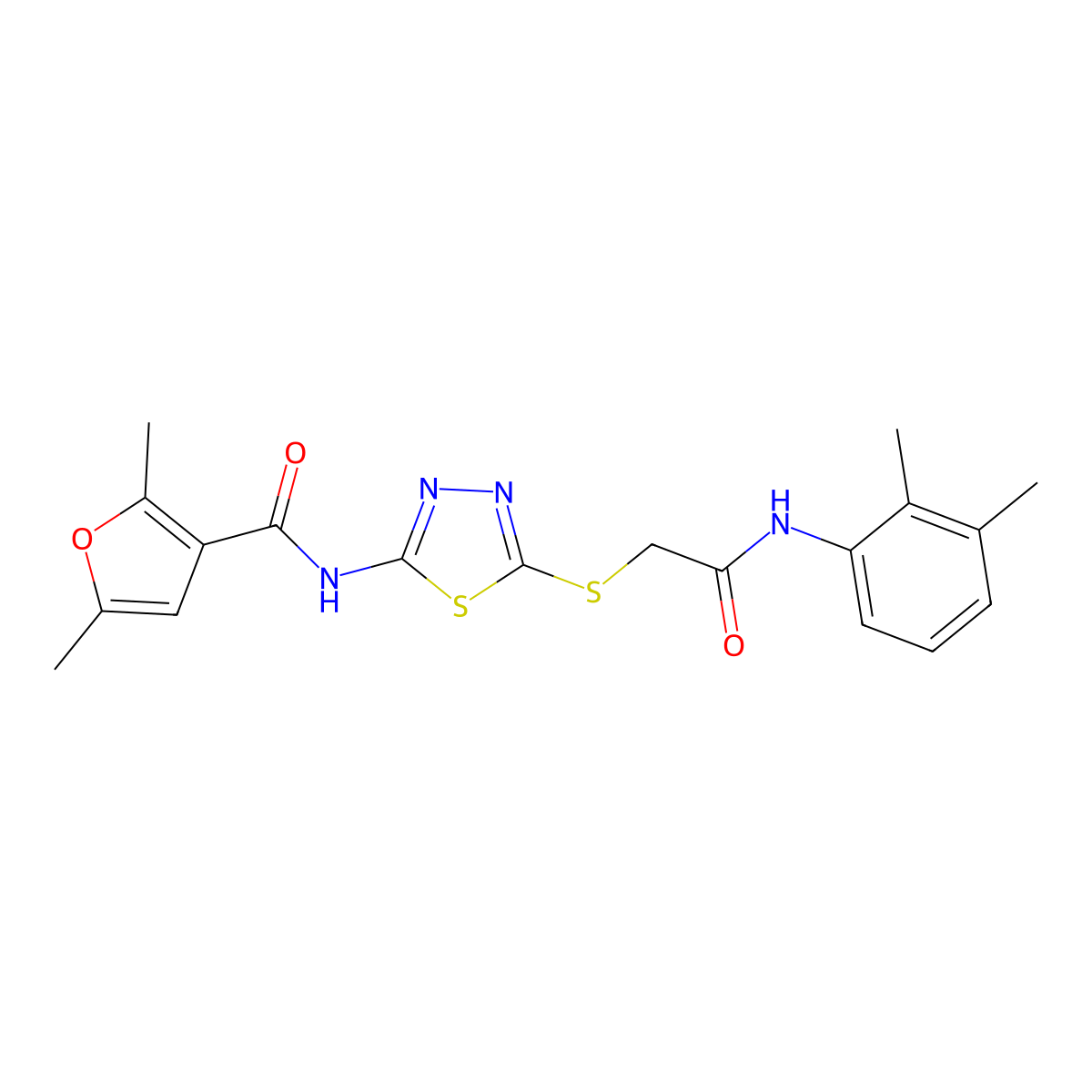 N-(5-((2-((2,3-dimethylphenyl)amino)-2-oxoethyl)thio)-1,3,4-thiadiazol-2-yl)-2,5-dimethylfuran-3-carboxamide molecular structure, CAS 1351590-64-1