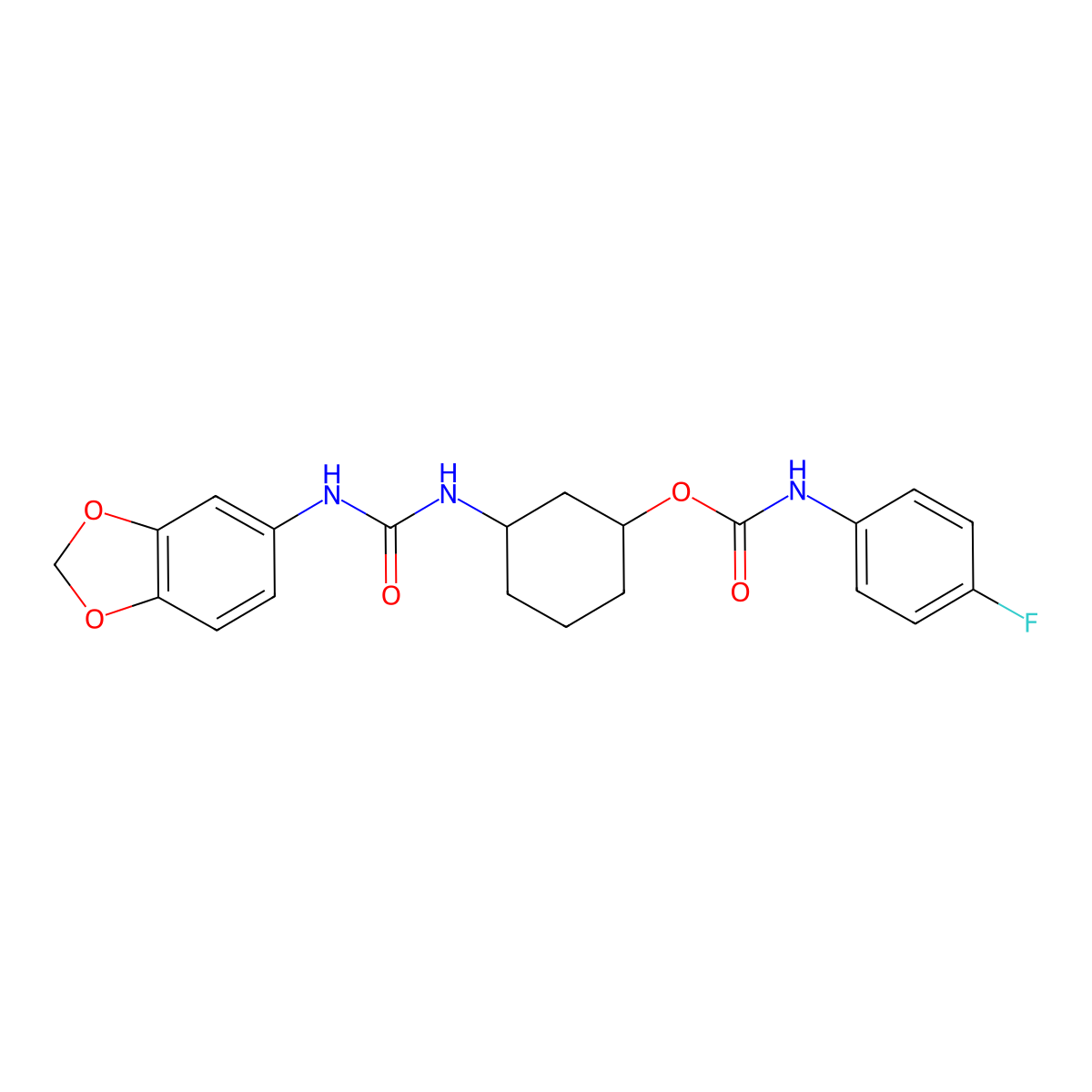 3-(3-(Benzo[d][1,3]dioxol-5-yl)ureido)cyclohexyl (4-fluorophenyl)carbamate molecular structure, CAS 1351590-66-3