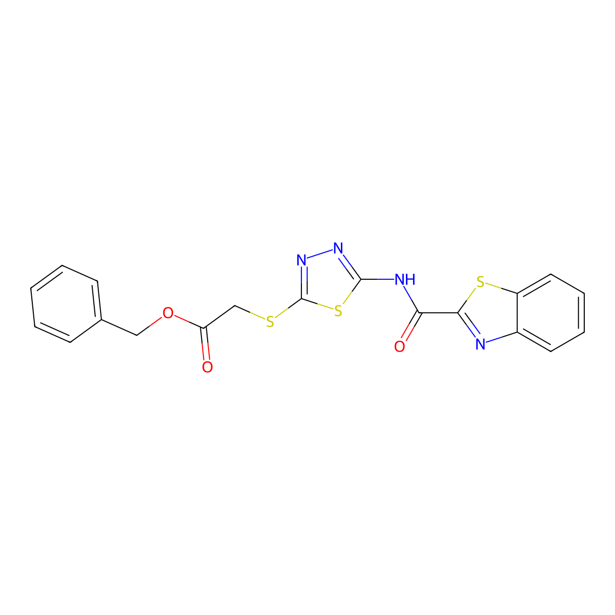 Benzyl 2-((5-(benzo[d]thiazole-2-carboxamido)-1,3,4-thiadiazol-2-yl)thio)acetate molecular structure, CAS 1351590-72-1