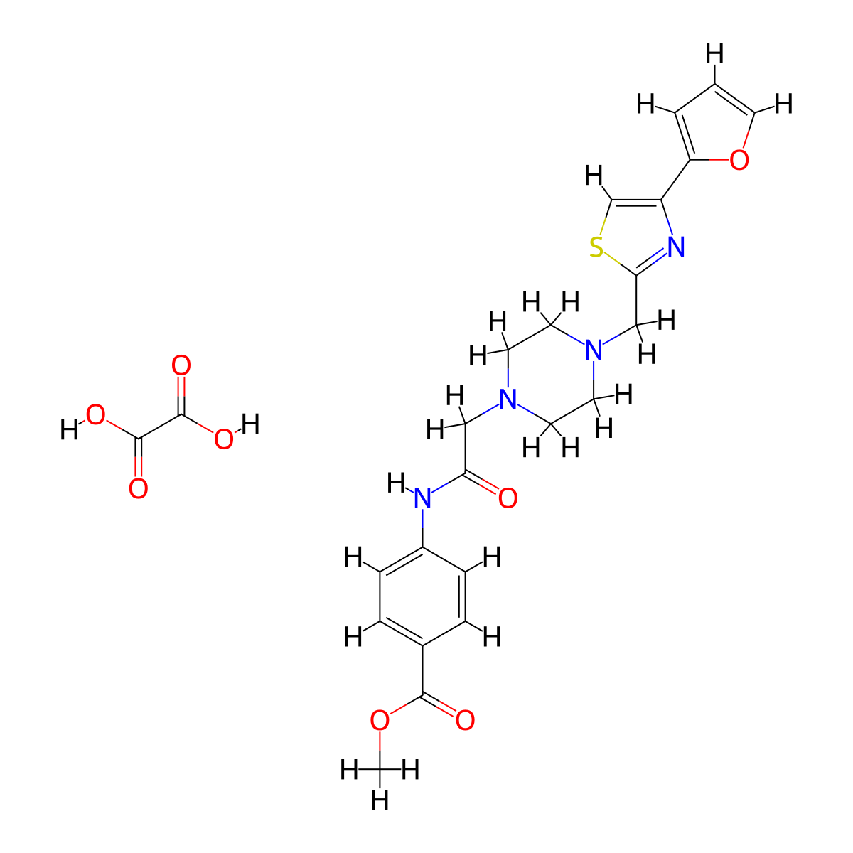 Methyl 4-(2-(4-((4-(furan-2-yl)thiazol-2-yl)methyl)piperazin-1-yl)acetamido)benzoate oxalate molecular structure, CAS 1351590-75-4