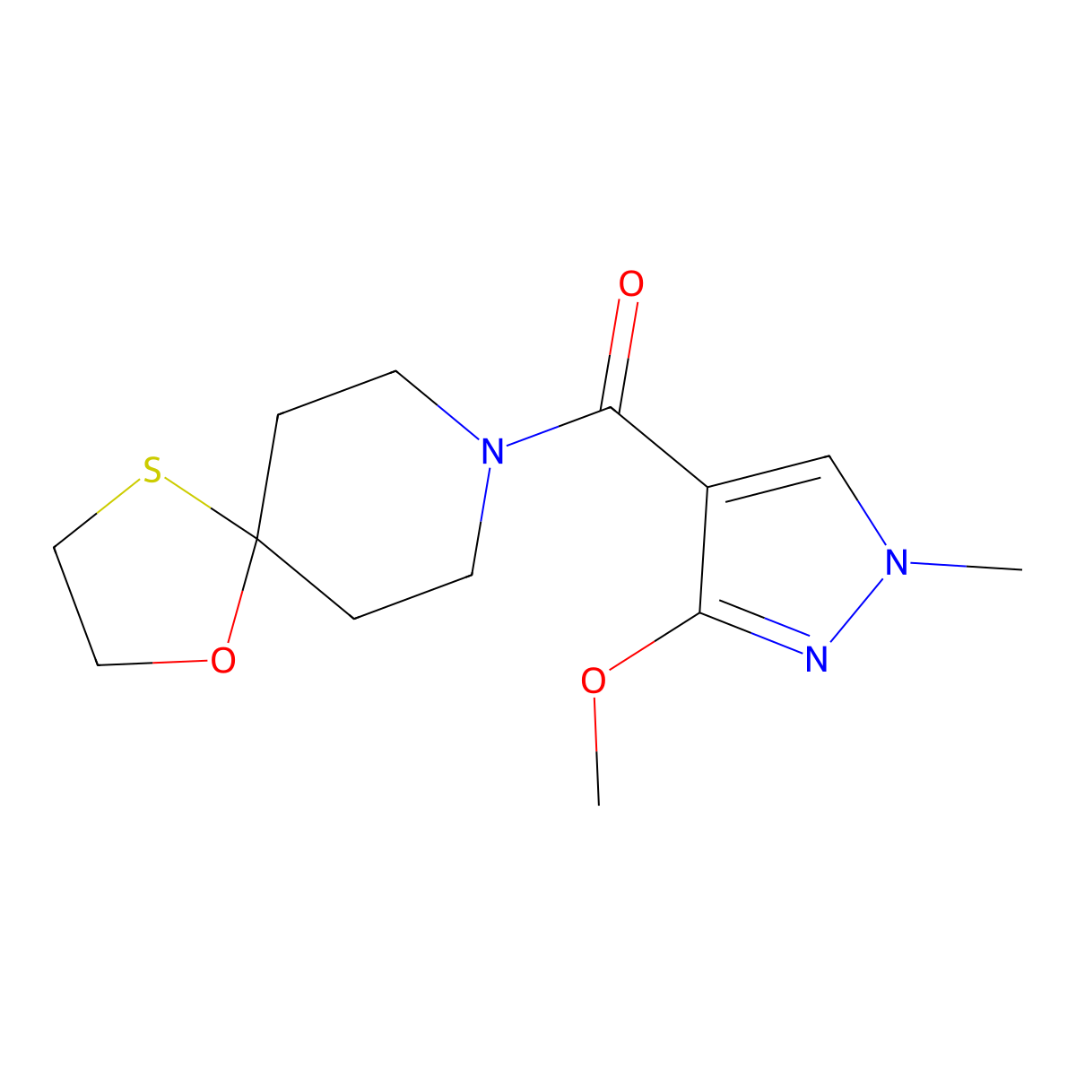 (3-methoxy-1-methyl-1H-pyrazol-4-yl)(1-oxa-4-thia-8-azaspiro[4.5]decan-8-yl)methanone molecular structure, CAS 1351590-76-5