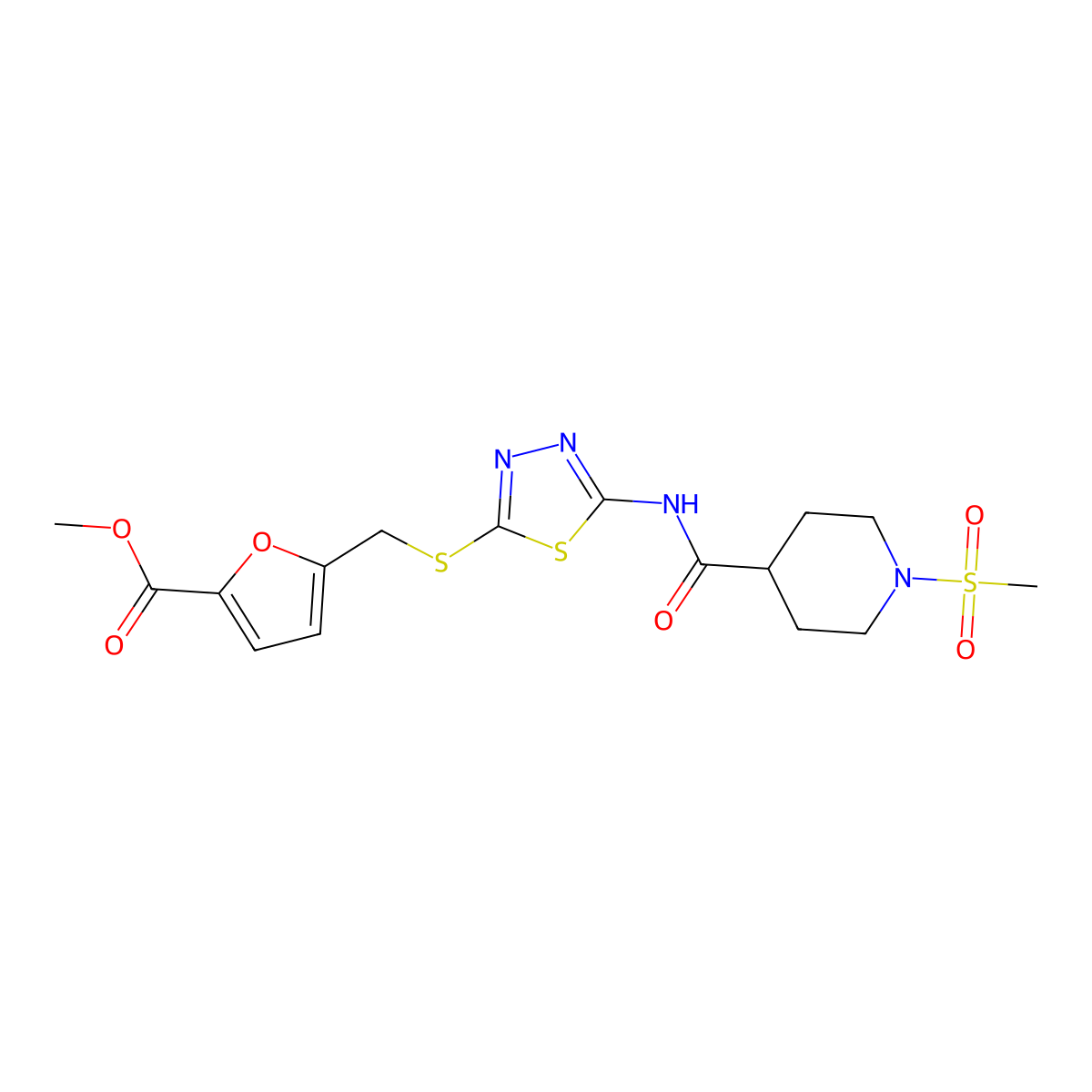 Methyl 5-(((5-(1-(methylsulfonyl)piperidine-4-carboxamido)-1,3,4-thiadiazol-2-yl)thio)methyl)furan-2-carboxylate molecular structure, CAS 1351590-77-6