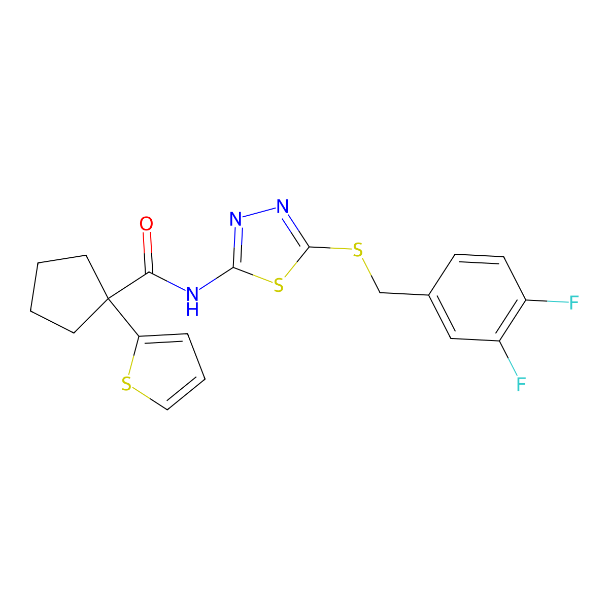 N-(5-((3,4-difluorobenzyl)thio)-1,3,4-thiadiazol-2-yl)-1-(thiophen-2-yl)cyclopentanecarboxamide molecular structure, CAS 1351590-80-1
