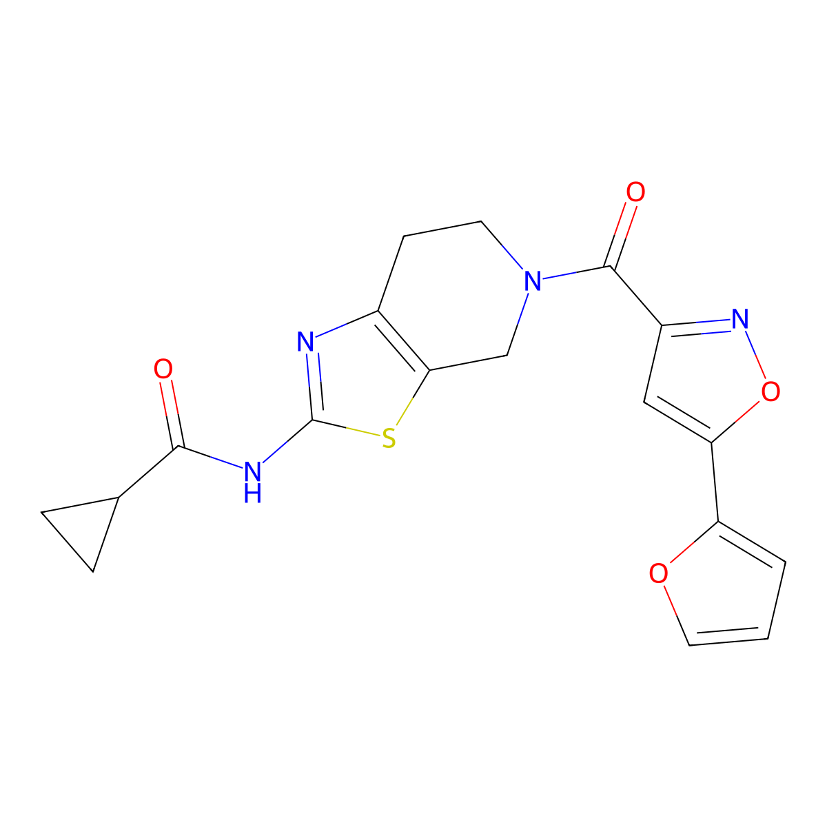 N-(5-(5-(furan-2-yl)isoxazole-3-carbonyl)-4,5,6,7-tetrahydrothiazolo[5,4-c]pyridin-2-yl)cyclopropanecarboxamide molecular structure, CAS 1351591-04-2