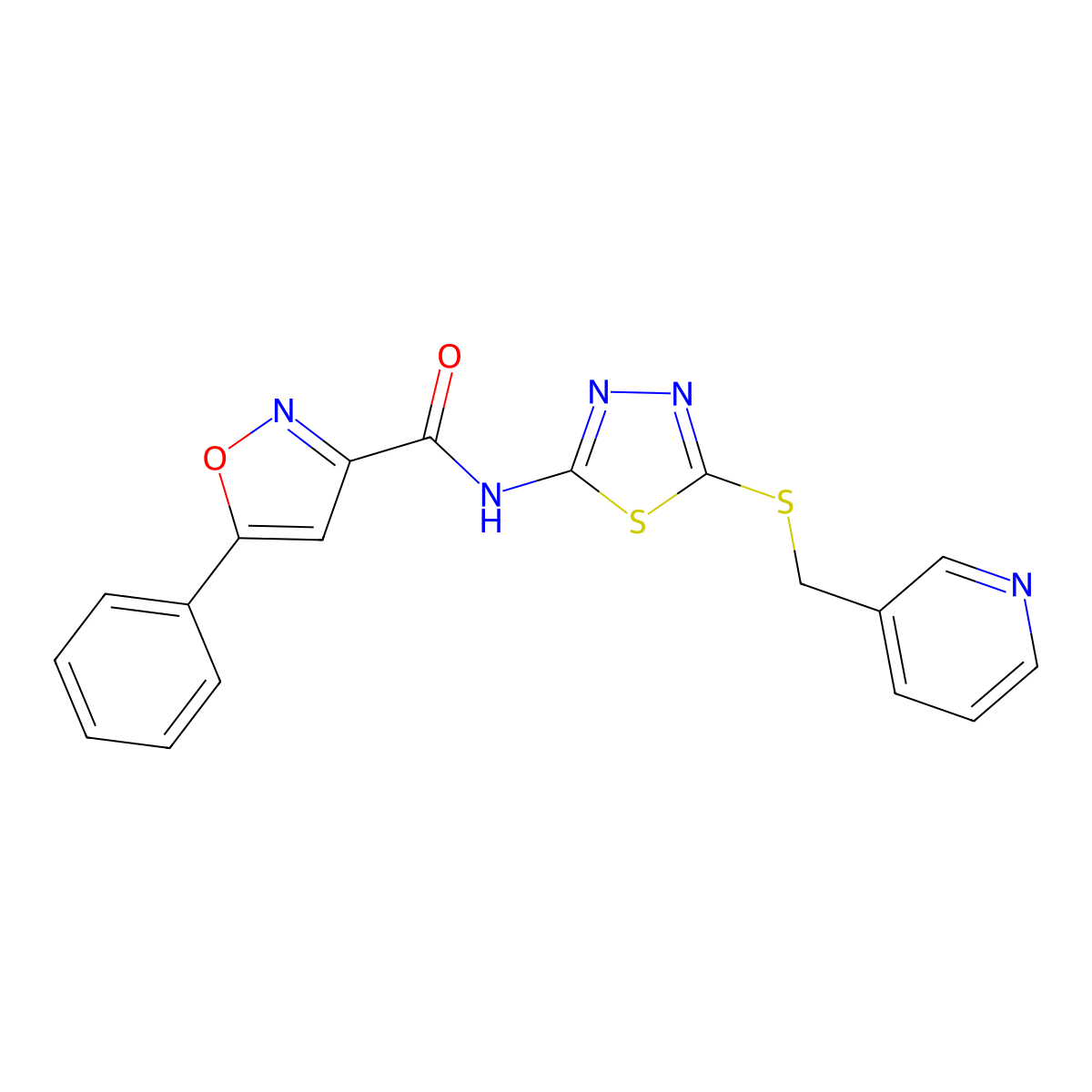 5-phenyl-N-(5-((pyridin-3-ylmethyl)thio)-1,3,4-thiadiazol-2-yl)isoxazole-3-carboxamide molecular structure, CAS 1351591-06-4