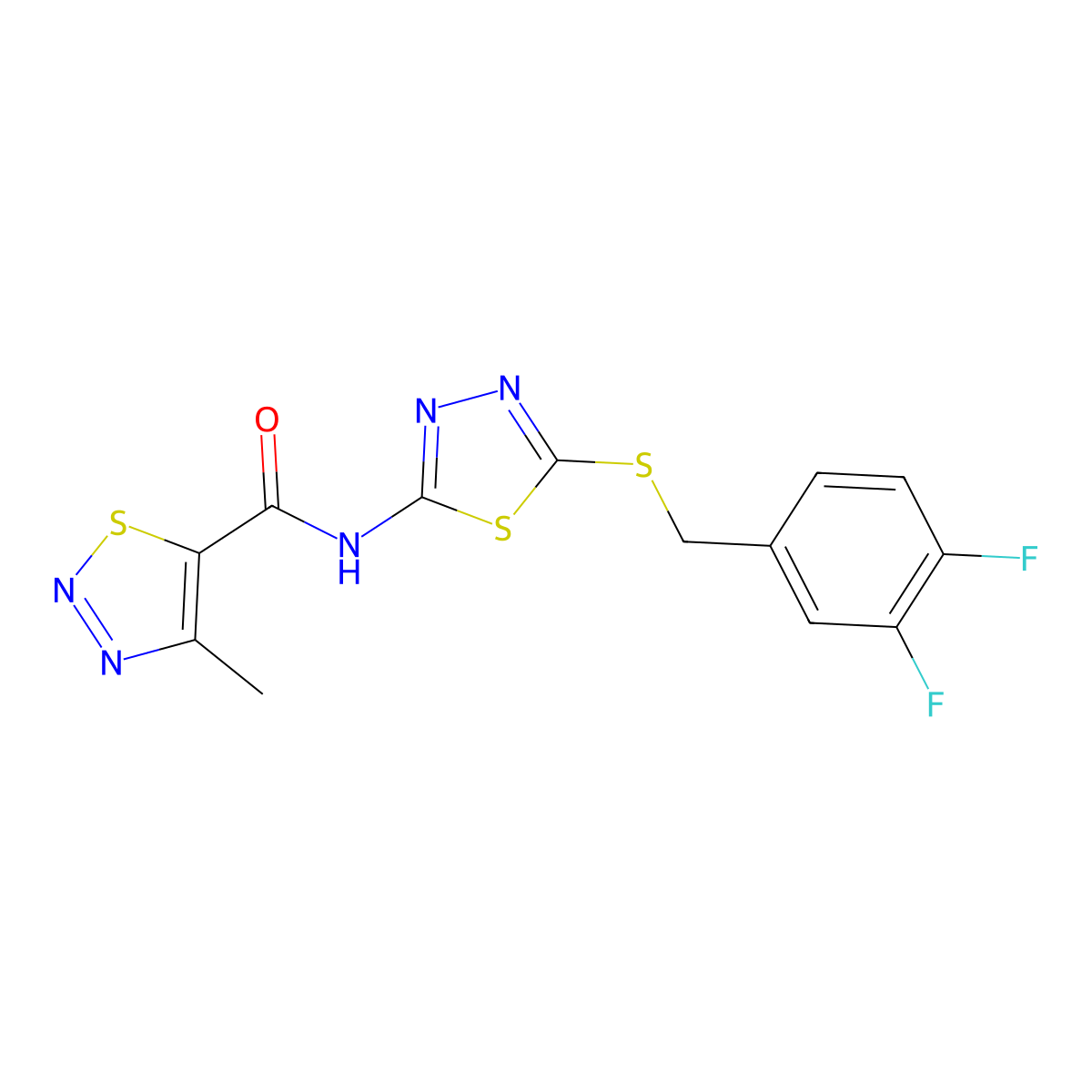 N-(5-((3,4-difluorobenzyl)thio)-1,3,4-thiadiazol-2-yl)-4-methyl-1,2,3-thiadiazole-5-carboxamide molecular structure, CAS 1351591-28-0