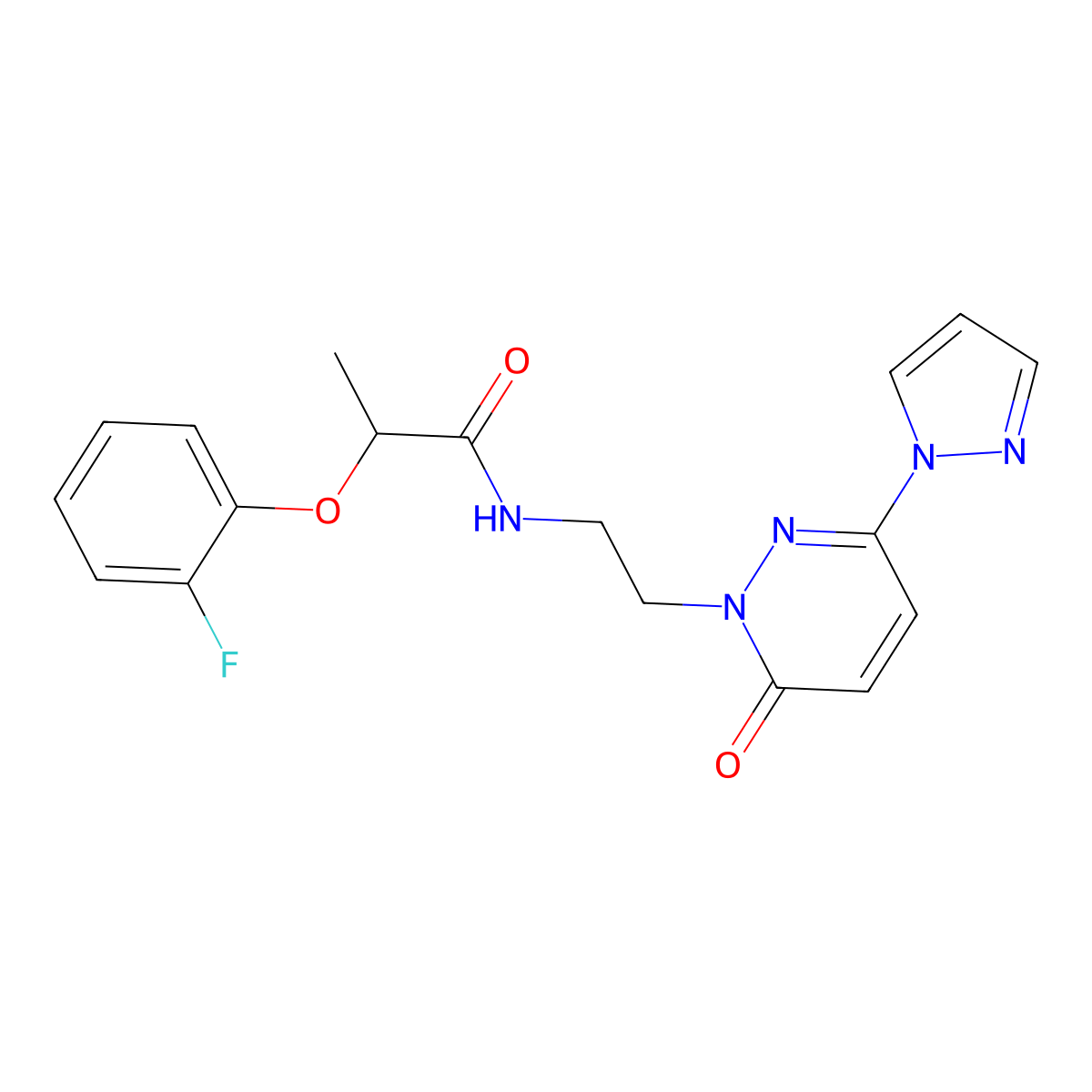2-(2-fluorophenoxy)-N-(2-(6-oxo-3-(1H-pyrazol-1-yl)pyridazin-1(6H)-yl)ethyl)propanamide molecular structure, CAS 1351591-39-3