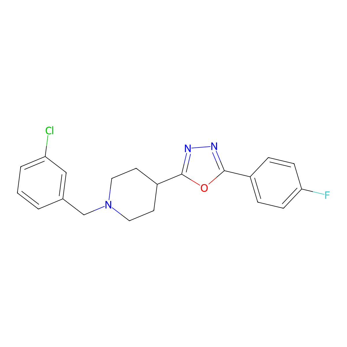 2-(1-(3-Chlorobenzyl)piperidin-4-yl)-5-(4-fluorophenyl)-1,3,4-oxadiazole molecular structure, CAS 1351591-60-0