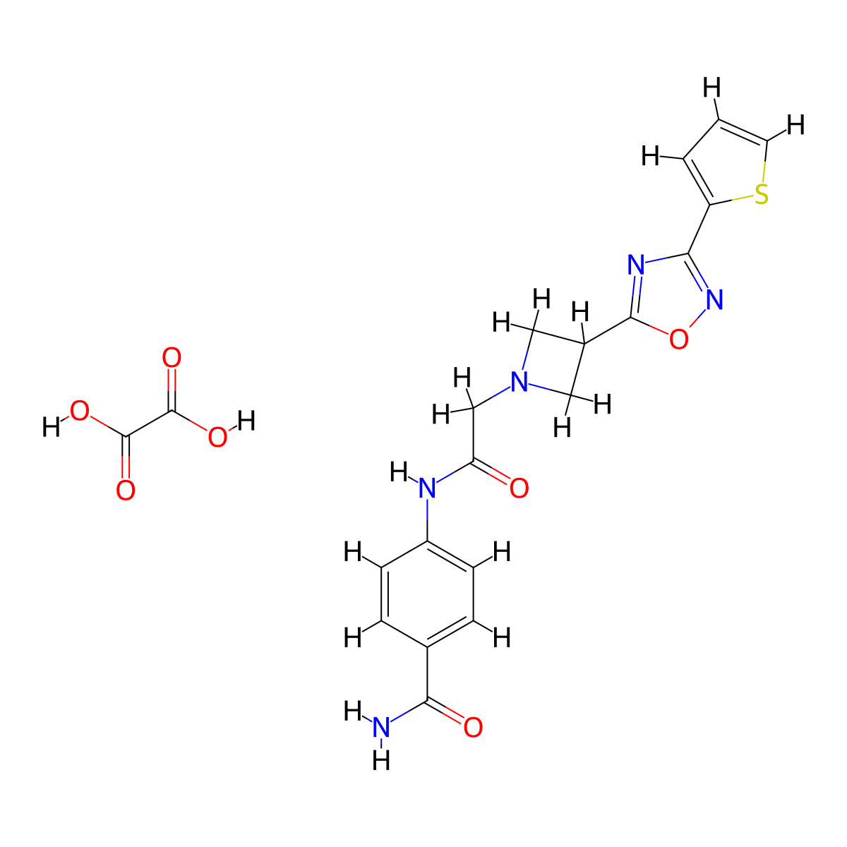 4-(2-(3-(3-(Thiophen-2-yl)-1,2,4-oxadiazol-5-yl)azetidin-1-yl)acetamido)benzamide oxalate molecular structure, CAS 1351591-64-4