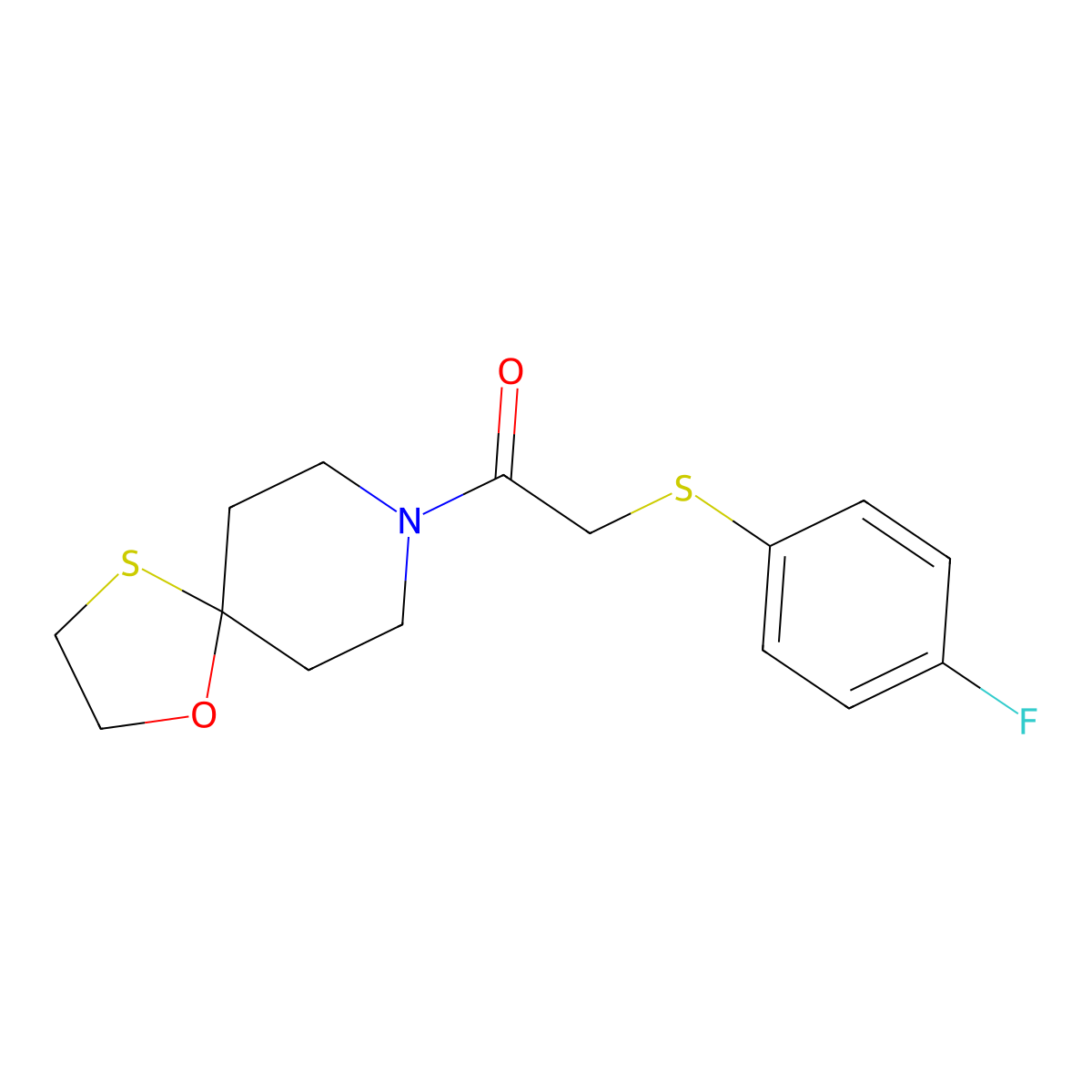 2-((4-Fluorophenyl)thio)-1-(1-oxa-4-thia-8-azaspiro[4.5]decan-8-yl)ethanone molecular structure, CAS 1351591-65-5