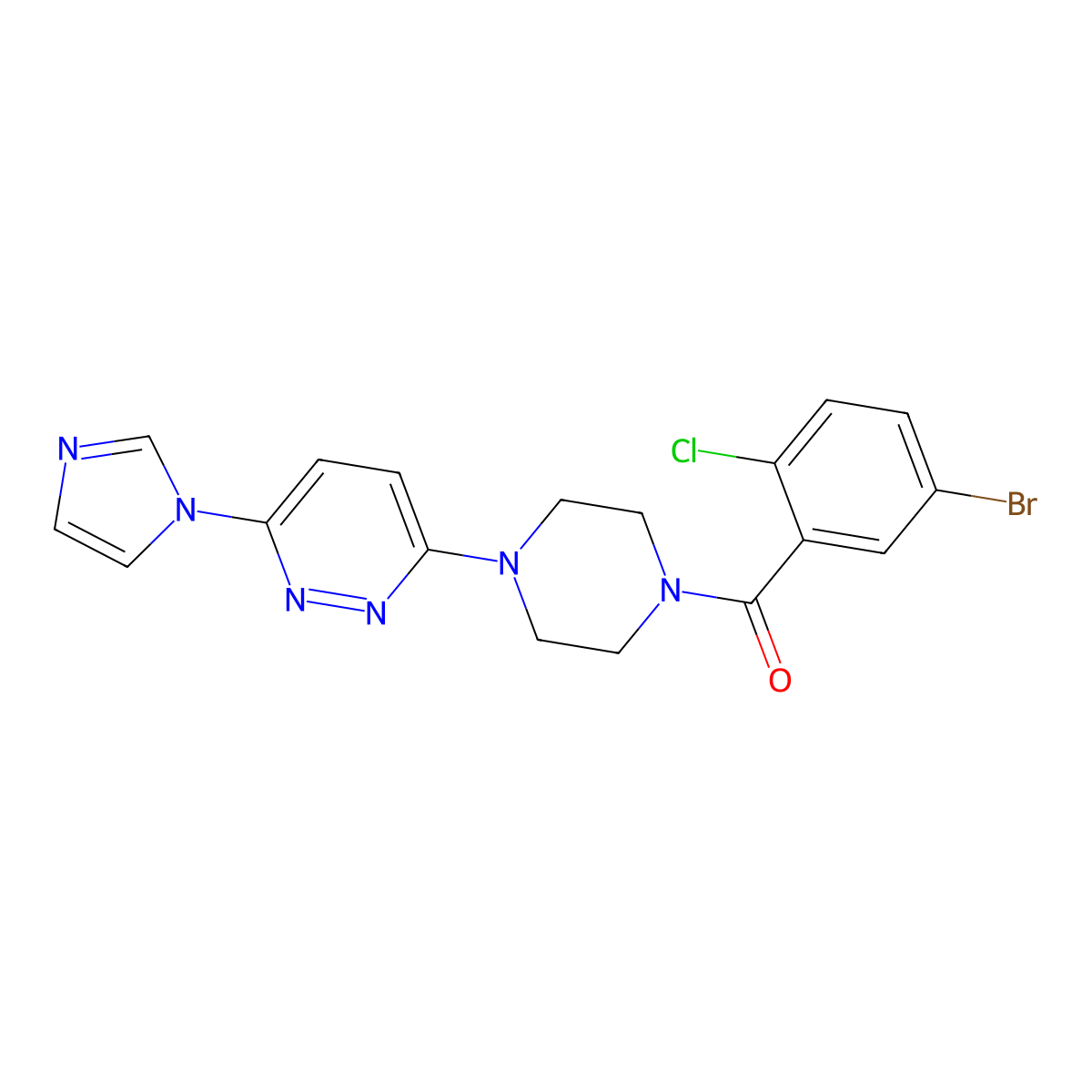 (4-(6-(1H-imidazol-1-yl)pyridazin-3-yl)piperazin-1-yl)(5-bromo-2-chlorophenyl)methanone molecular structure, CAS 1351591-78-0