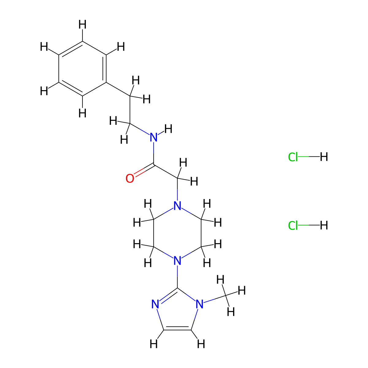 2-(4-(1-methyl-1H-imidazol-2-yl)piperazin-1-yl)-N-phenethylacetamide dihydrochloride molecular structure, CAS 1351594-67-6