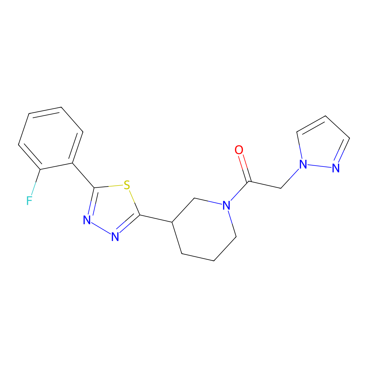 1-(3-(5-(2-fluorophenyl)-1,3,4-thiadiazol-2-yl)piperidin-1-yl)-2-(1H-pyrazol-1-yl)ethanone molecular structure, CAS 1351595-05-5