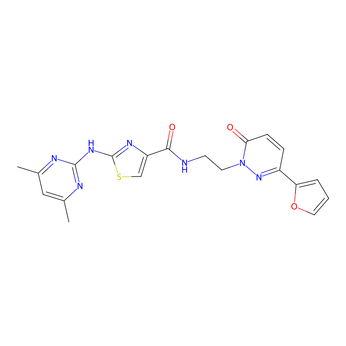 2-((4,6-dimethylpyrimidin-2-yl)amino)-N-(2-(3-(furan-2-yl)-6-oxopyridazin-1(6H)-yl)ethyl)thiazole-4-carboxamide molecular structure, CAS 1351595-32-8