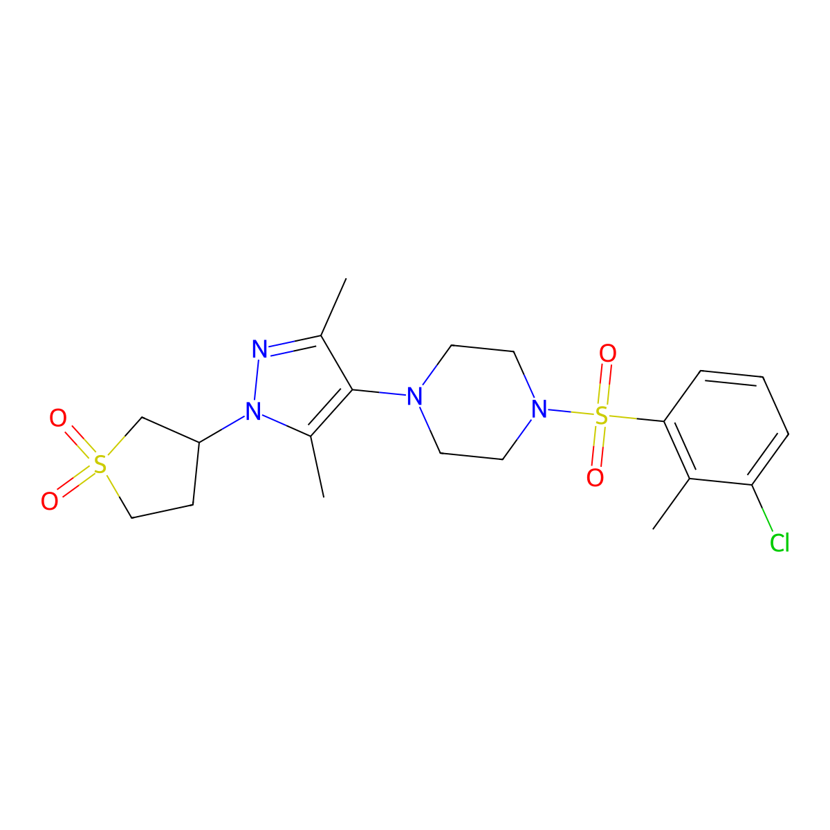 3-(4-(4-((3-chloro-2-methylphenyl)sulfonyl)piperazin-1-yl)-3,5-dimethyl-1H-pyrazol-1-yl)tetrahydrothiophene 1,1-dioxide molecular structure, CAS 1351595-40-8