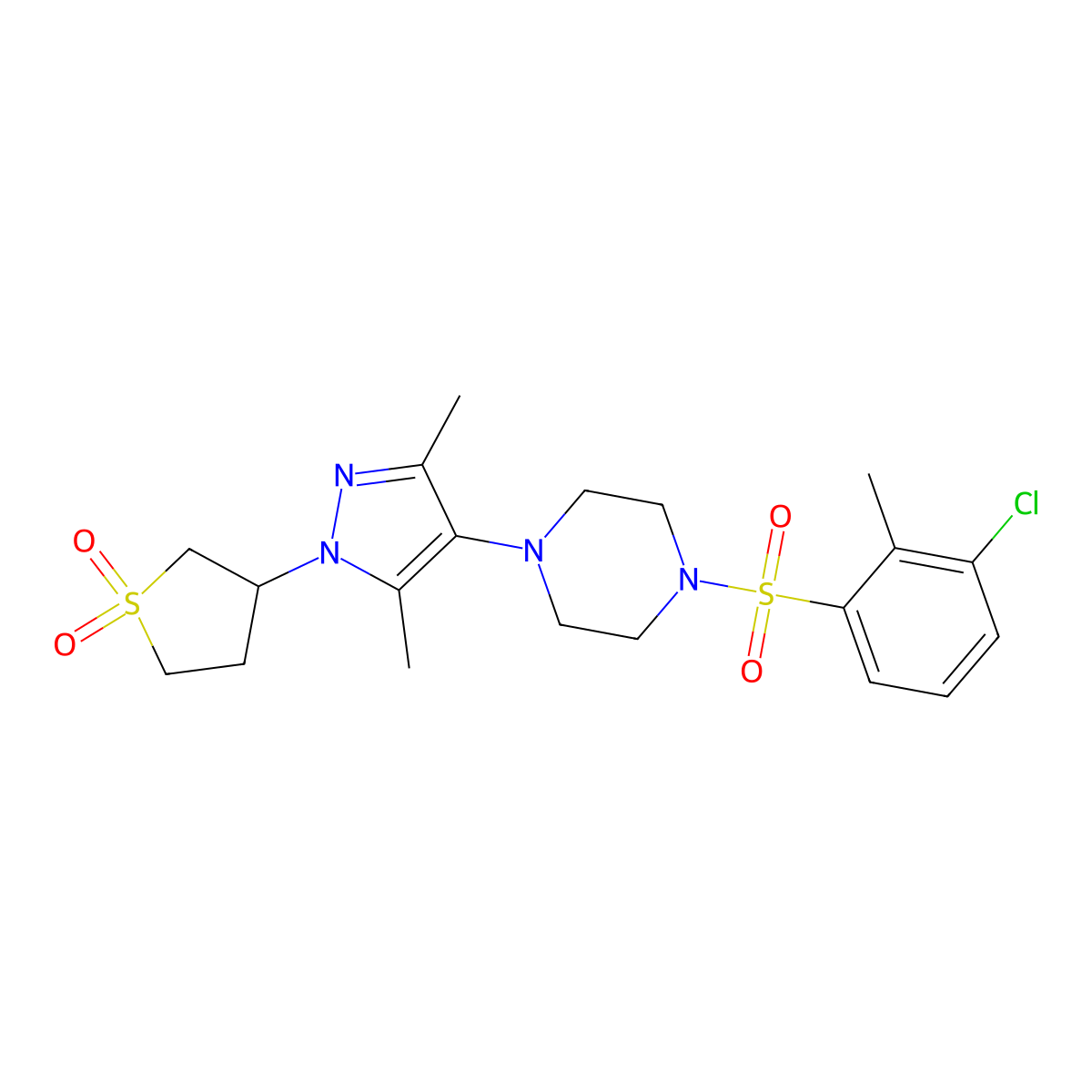 3-(4-(4-((3-chloro-2-methylphenyl)sulfonyl)piperazin-1-yl)-3,5-dimethyl-1H-pyrazol-1-yl)tetrahydrothiophene 1,1-dioxide molecular structure, CAS 1351595-40-8